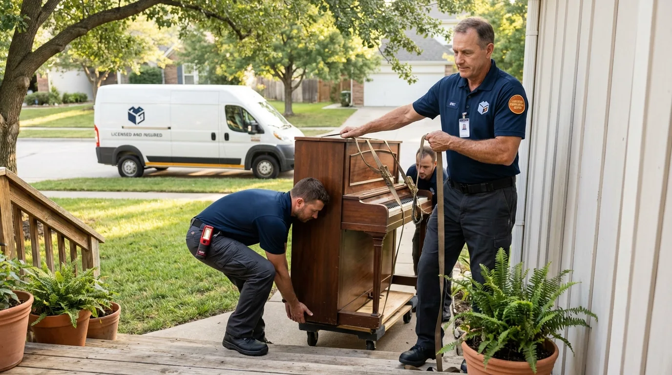 Licensed piano movers securing grand piano in Saint Jacob, IL