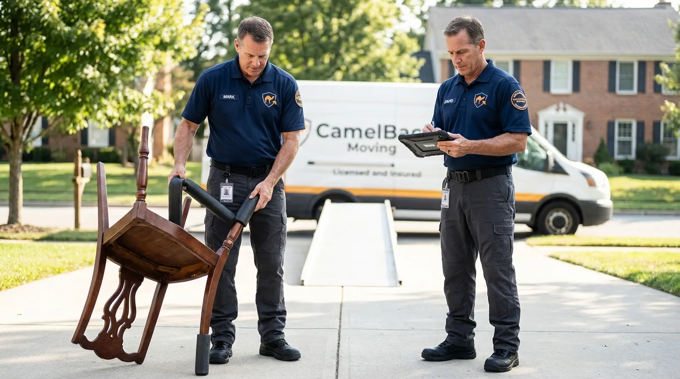Movers inspecting furniture for damage prevention before loading in Saint Jacob, IL