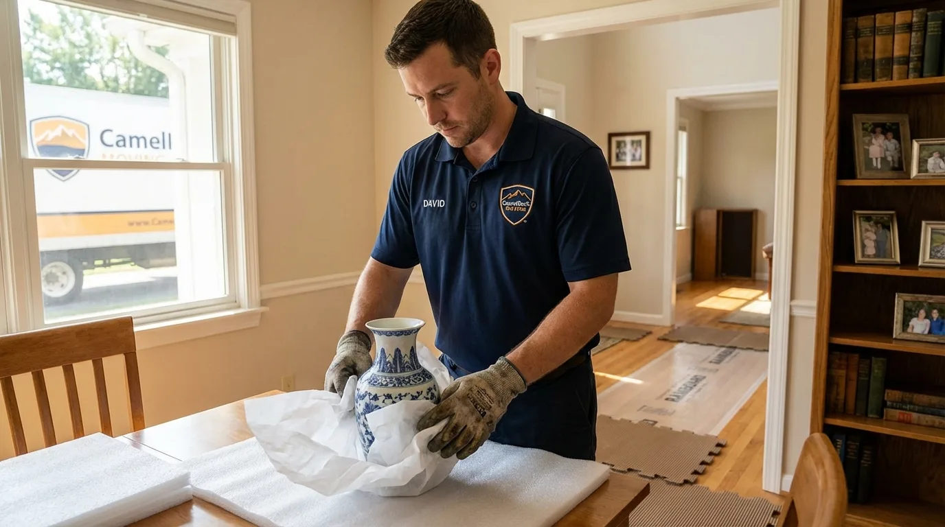 Professional crew carefully wrapping antique vase for senior downsizing move in Saint Jacob, IL